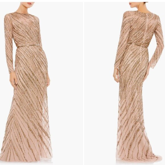 MAC DUGGAL 5240 BEADED LONG SLEEVE TULLE MOCHA COLUMN GOWN sz 18 - Picture 3 of 3
